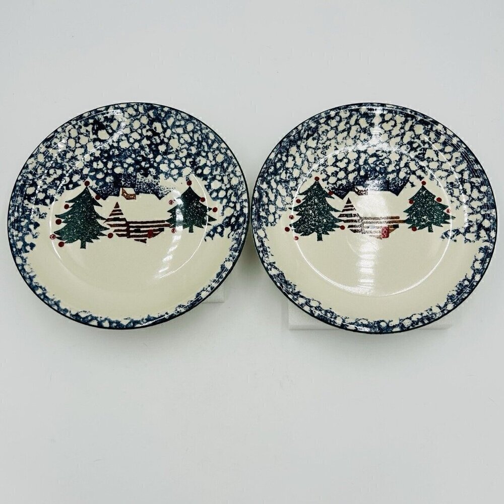 Folk Craft Cabin In The Snow Red Dot 10.5" Dinner Plates Set Of 2 Christmas